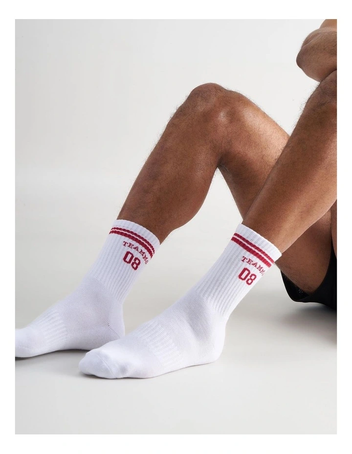 Est. 08 Crew Socks in White|Red image 3