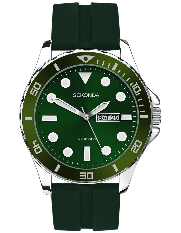 Belearic 44mm Rubber Watch in Green & Silver image 1