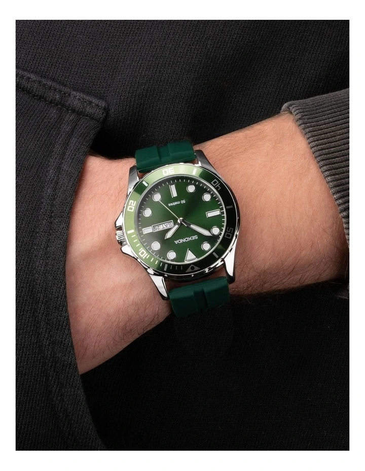 Belearic 44mm Rubber Watch in Green & Silver image 2