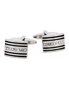Rhodium Plated Crystal & Black Enamel Cufflinks