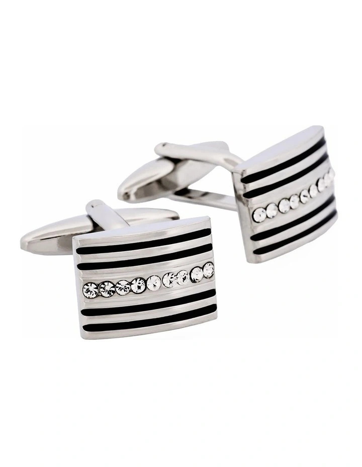 Rhodium Plated Crystal & Black Enamel Cufflinks image 2