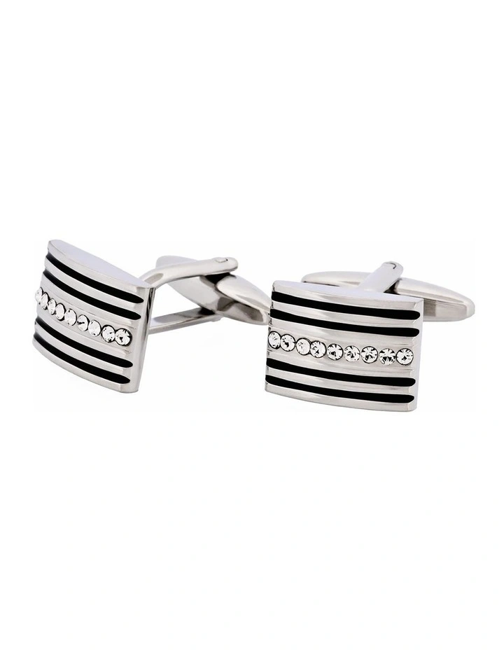 Rhodium Plated Crystal & Black Enamel Cufflinks image 3
