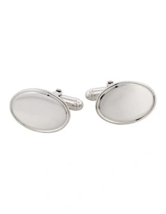 Polished Sterling Silver Oval Cufflinks with Engine Turn line border