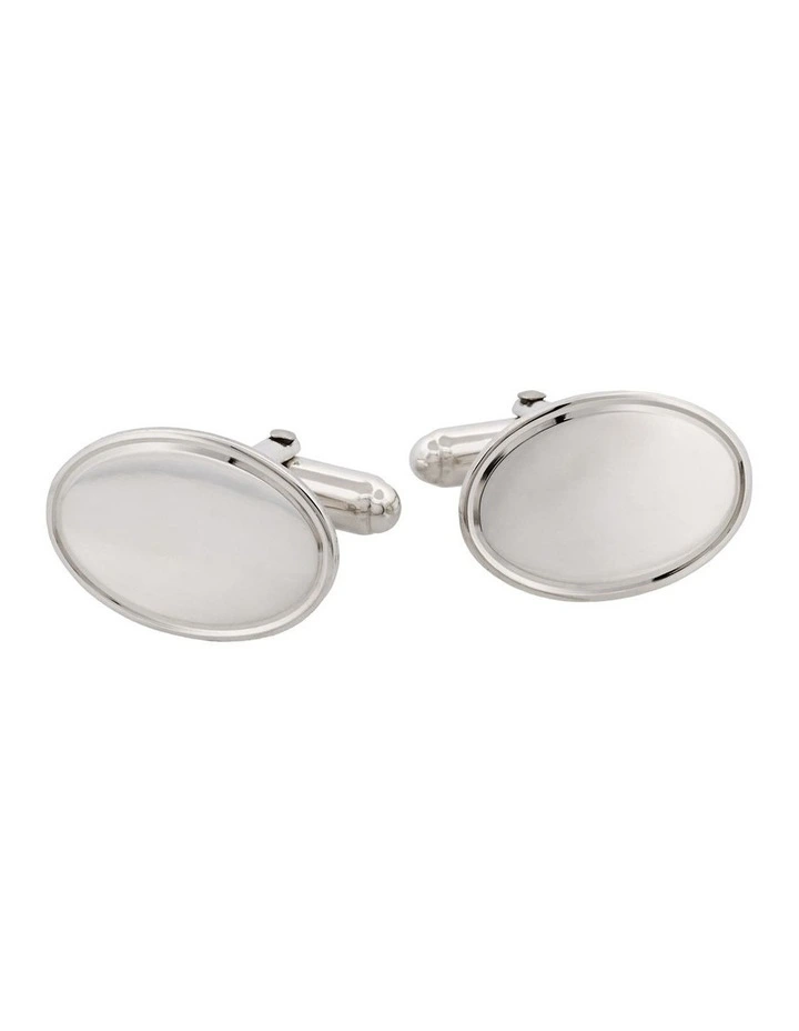 Polished Sterling Silver Oval Cufflinks with Engine Turn line border image 1