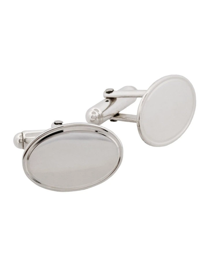 Polished Sterling Silver Oval Cufflinks with Engine Turn line border image 2