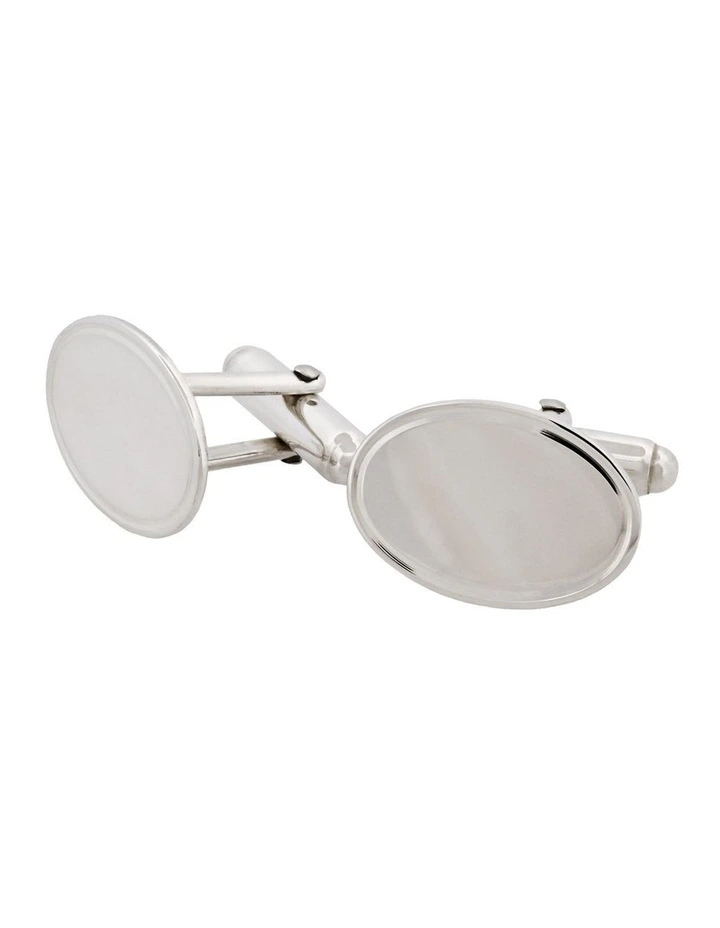 Polished Sterling Silver Oval Cufflinks with Engine Turn line border image 3