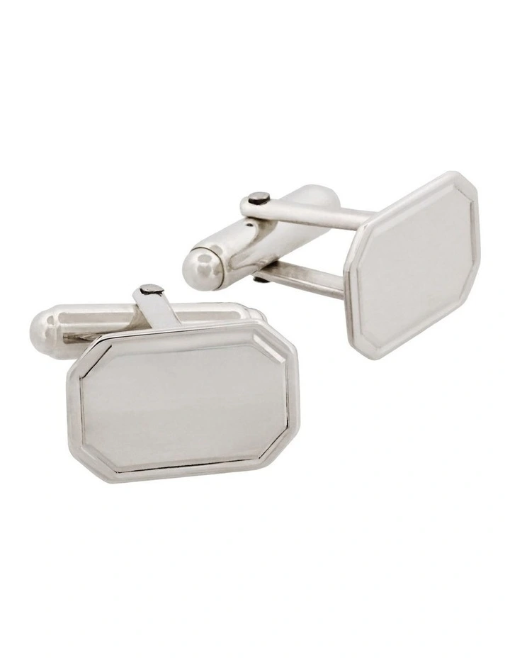 Polished Sterling Silver Octogon Cufflinks with Engine Turn line border image 2