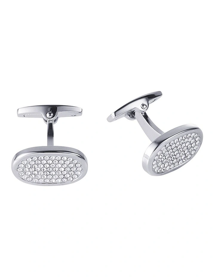 Rhodium Plated Oval Crystal Cufflinks image 1