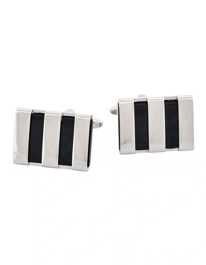 Polished Rhodium Plated Striped Onyx Cufflinks image 1