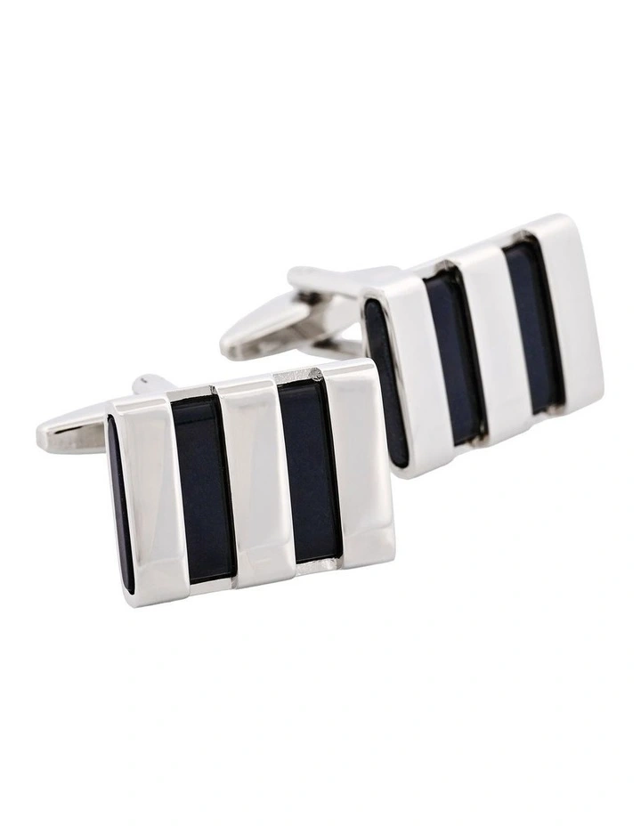 Polished Rhodium Plated Striped Onyx Cufflinks image 2