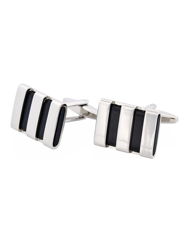 Polished Rhodium Plated Striped Onyx Cufflinks image 3
