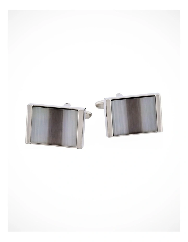 Rhodium Plated Grey & Charcoal Cats Eye Rectangle Cufflinks image 1
