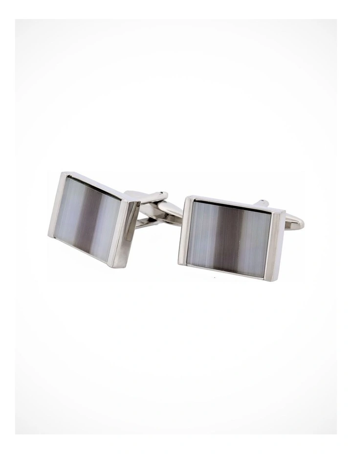 Rhodium Plated Grey & Charcoal Cats Eye Rectangle Cufflinks image 3