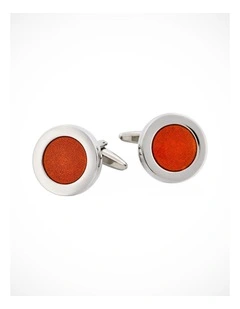Polished Rhodium Plated Round Cufflinks with Orange Enamel Inlay