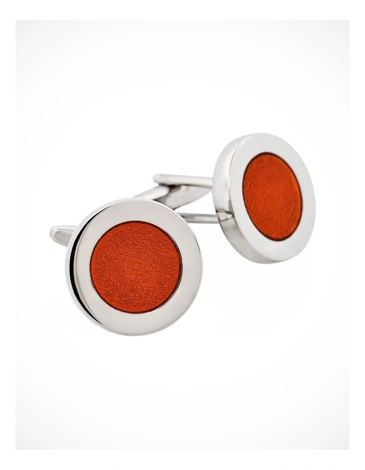 Polished Rhodium Plated Round Cufflinks with Orange Enamel Inlay image 2
