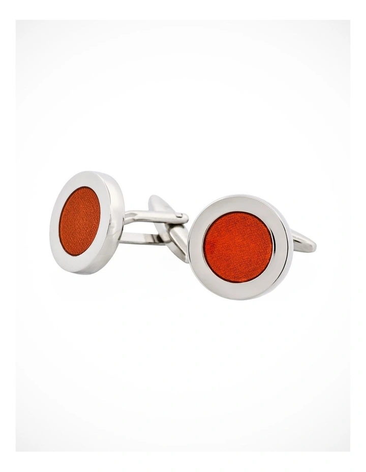 Polished Rhodium Plated Round Cufflinks with Orange Enamel Inlay image 3