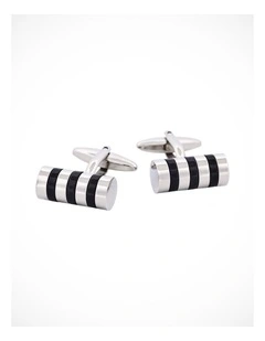 Rhodium Plated & Black Resin Striped Tube Cufflinks