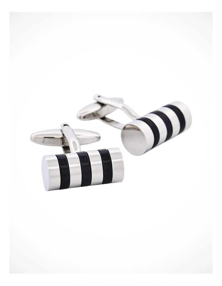 Rhodium Plated & Black Resin Striped Tube Cufflinks image 2