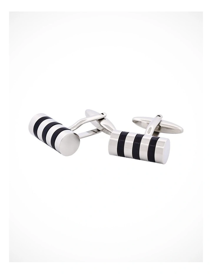 Rhodium Plated & Black Resin Striped Tube Cufflinks image 3