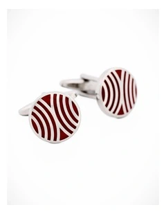 Polished Rhodium Plated Red Radio Wave Pattern Enamel Round Cufflinks