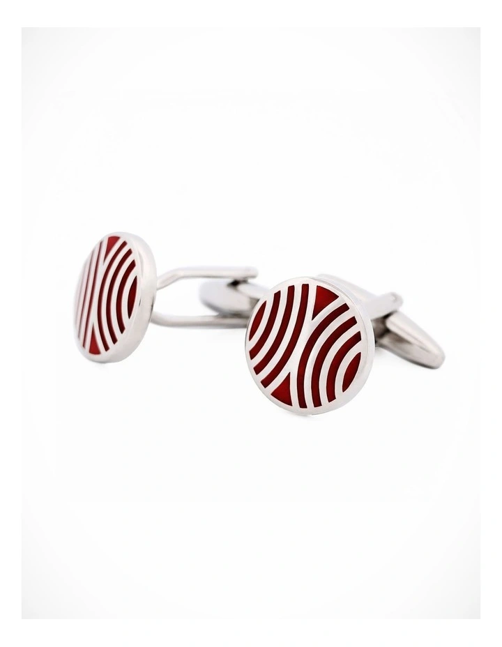 Polished Rhodium Plated Red Radio Wave Pattern Enamel Round Cufflinks image 2