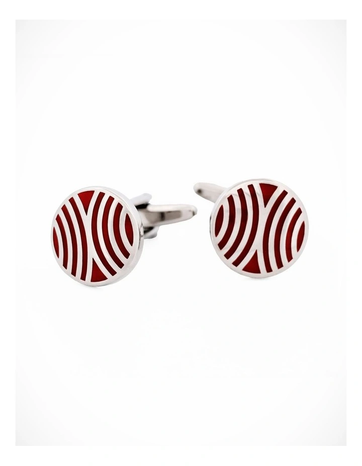 Polished Rhodium Plated Red Radio Wave Pattern Enamel Round Cufflinks image 3