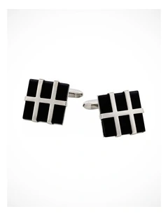 Rhodium Plated Grid Pattern & Black Cats Eye Cufflinks