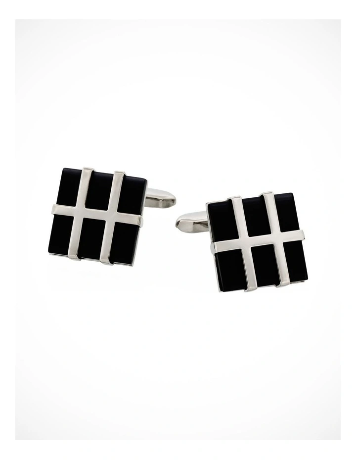 Rhodium Plated Grid Pattern & Black Cats Eye Cufflinks image 1
