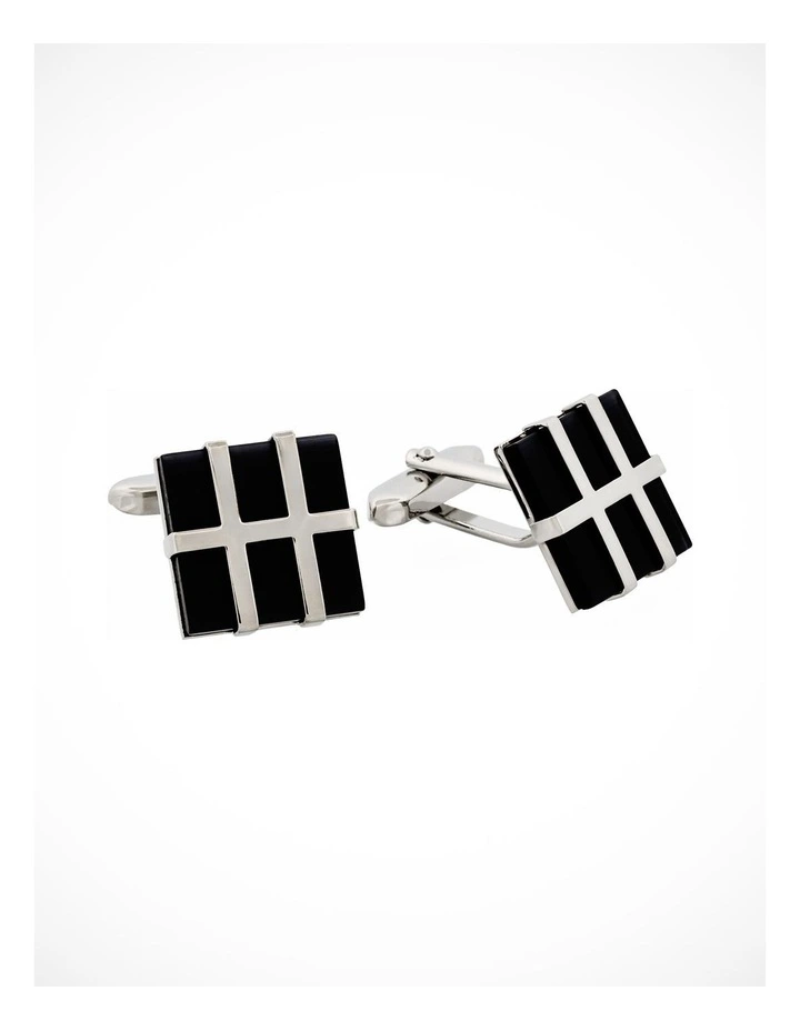 Rhodium Plated Grid Pattern & Black Cats Eye Cufflinks image 2