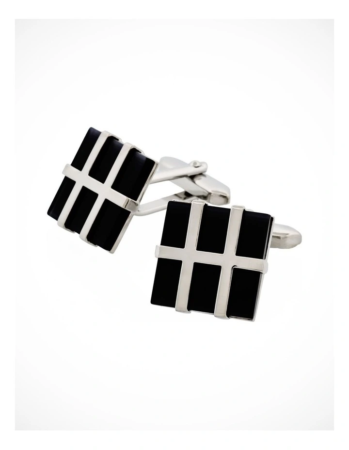 Rhodium Plated Grid Pattern & Black Cats Eye Cufflinks image 3