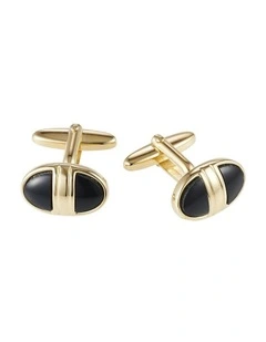 Polished Gold Plated & Black Enamel Oval Cufflinks