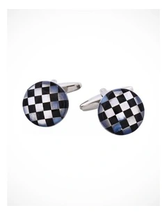 Onyx & Mother Of Pearl Check Round Cufflinks