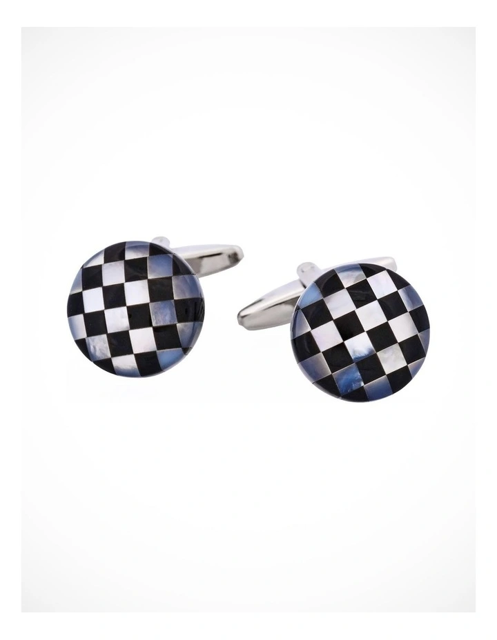 Onyx & Mother Of Pearl Check Round Cufflinks image 1