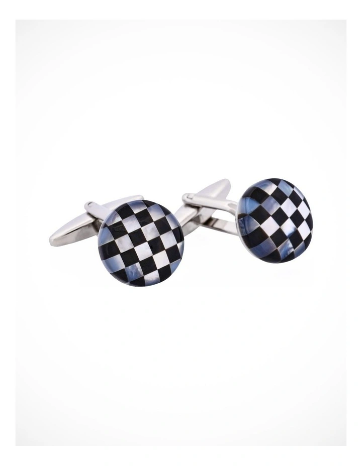 Onyx & Mother Of Pearl Check Round Cufflinks image 2
