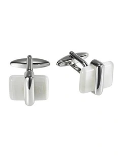 Polished Rhodium Plated Metal & White Cats Eye Cufflinks