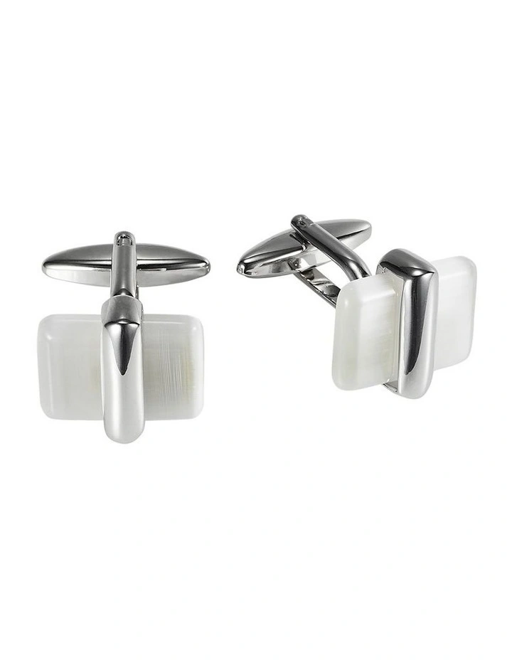 Polished Rhodium Plated Metal & White Cats Eye Cufflinks image 1