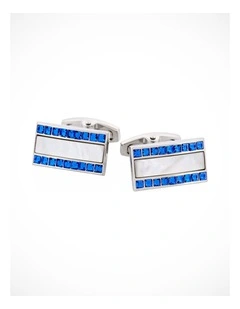 Polished Rhodium with Mother Of Pearl & Blue Sapphire Crystal Rectangle Cufflinks