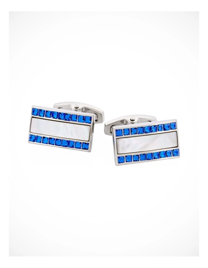Polished Rhodium with Mother Of Pearl & Blue Sapphire Crystal Rectangle Cufflinks image 1