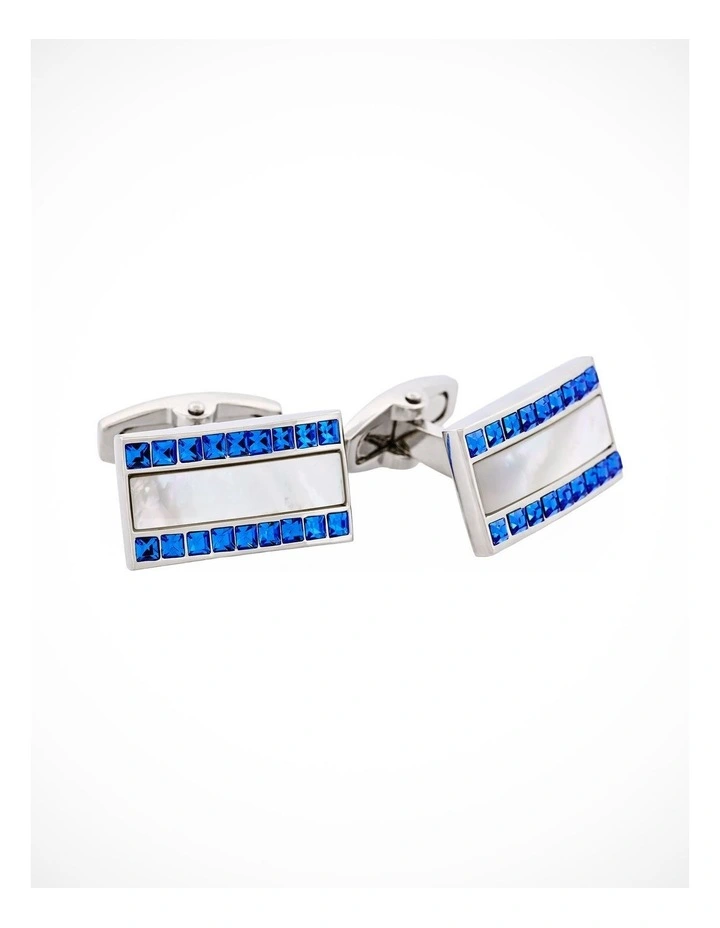 Polished Rhodium with Mother Of Pearl & Blue Sapphire Crystal Rectangle Cufflinks image 2