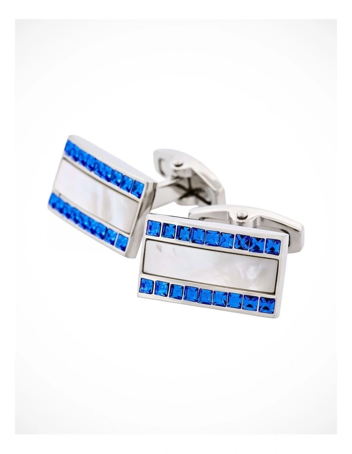 Polished Rhodium with Mother Of Pearl & Blue Sapphire Crystal Rectangle Cufflinks image 3