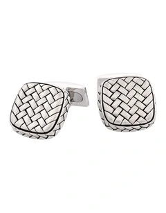 Rhodium Plated Sterling Silver Cushion Shape Weave Cufflinks