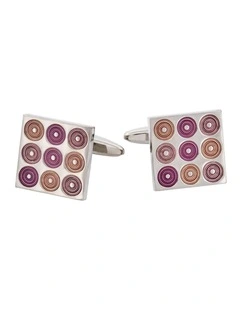 Polished Rhodium Plated Square Cufflinks with 9 Mauve To Purple Inlaid Circles