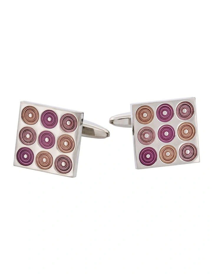 Polished Rhodium Plated Square Cufflinks with 9 Mauve To Purple Inlaid Circles image 1