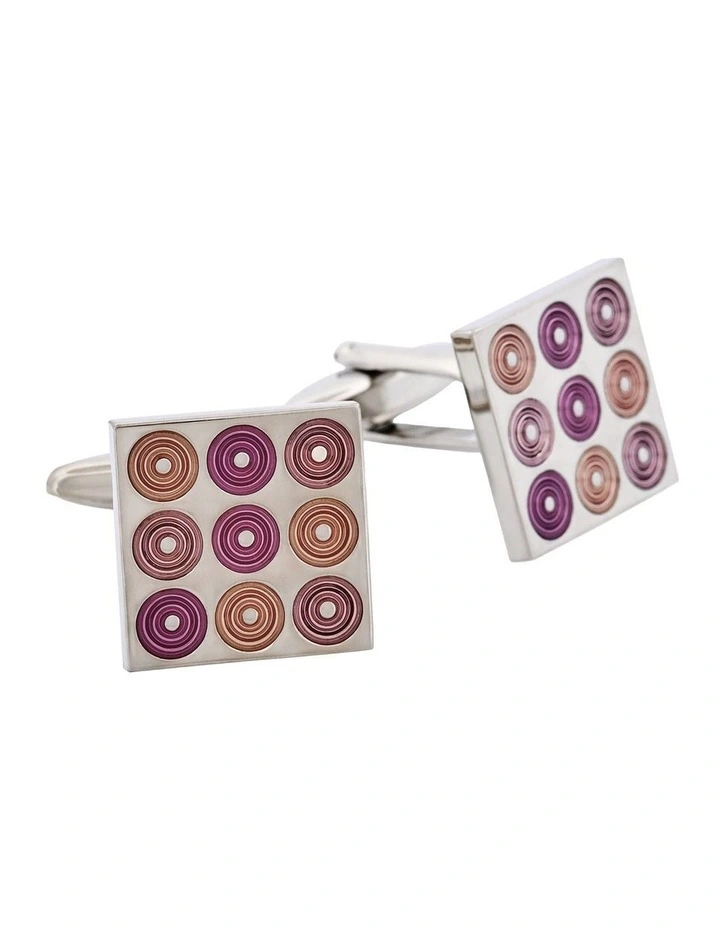 Polished Rhodium Plated Square Cufflinks with 9 Mauve To Purple Inlaid Circles image 2