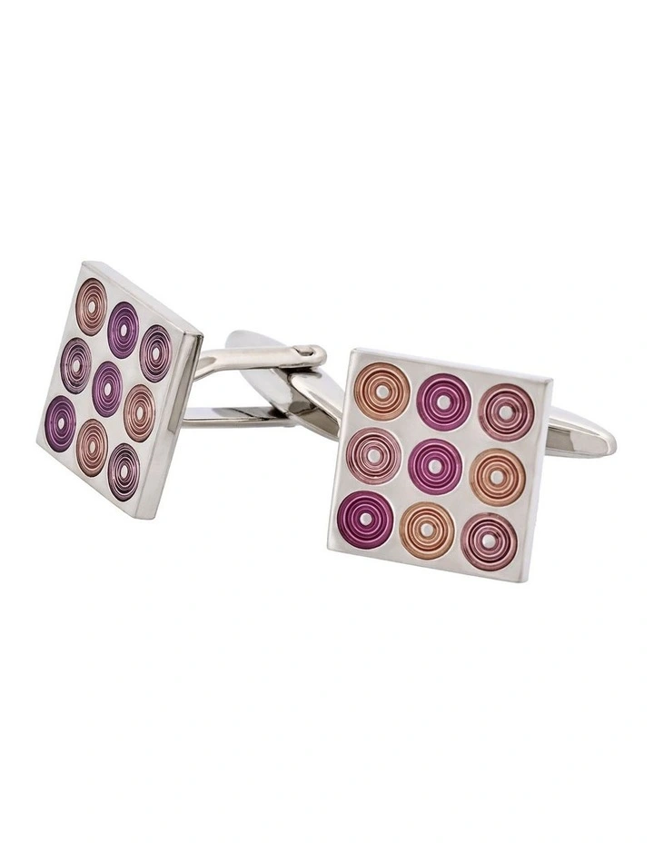 Polished Rhodium Plated Square Cufflinks with 9 Mauve To Purple Inlaid Circles image 3