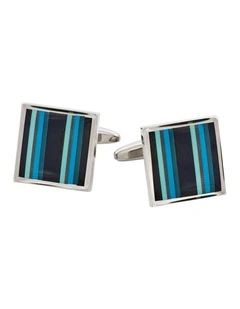 Polished Rhodium Plated Square Cufflinks with Black Grey Mint & Azure Striped Enamel