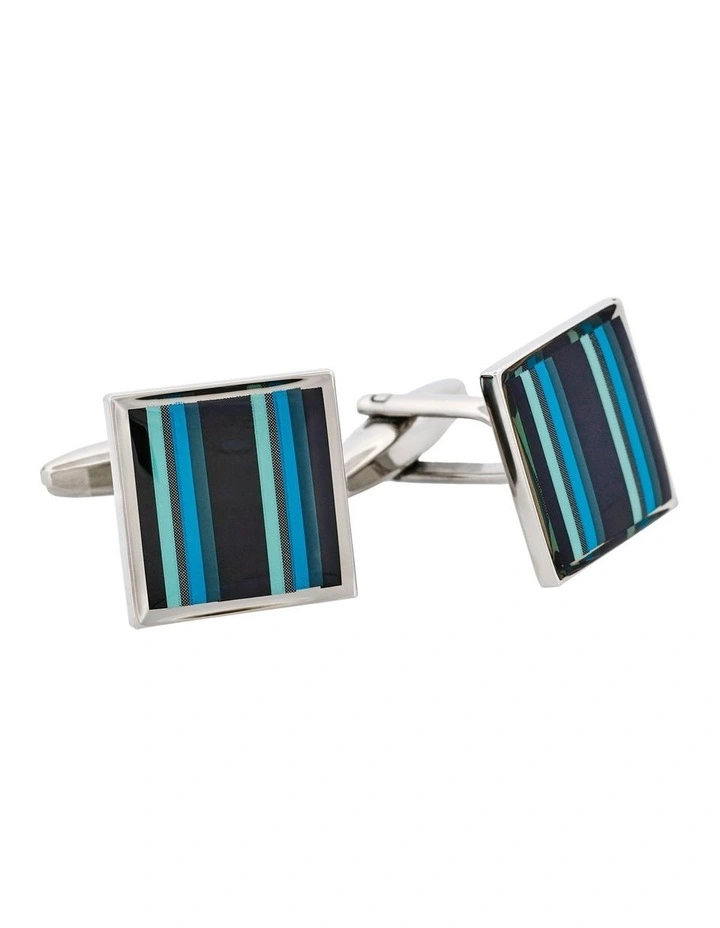 Polished Rhodium Plated Square Cufflinks with Black Grey Mint & Azure Striped Enamel image 2