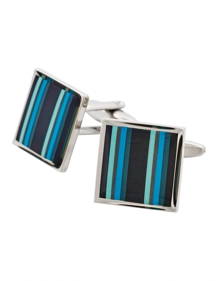 Polished Rhodium Plated Square Cufflinks with Black Grey Mint & Azure Striped Enamel image 3