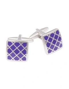 Rhodium Plated Purple Enamel Cross Pattern Cufflinks