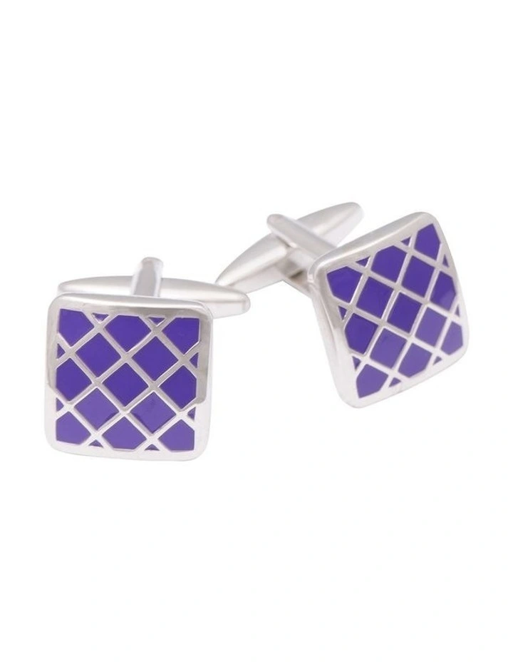 Rhodium Plated Purple Enamel Cross Pattern Cufflinks image 1